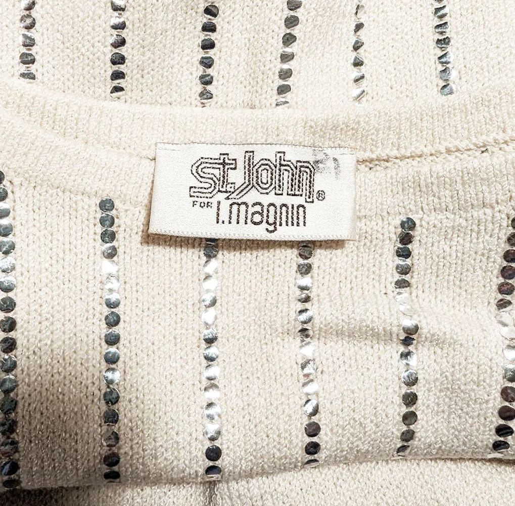 *  VINTAGE ST. JOHN FOR I MAGNIN CREAM EVENINGS DRESS WITH ROWS OF SPARKLING SILVER PAILLETTES