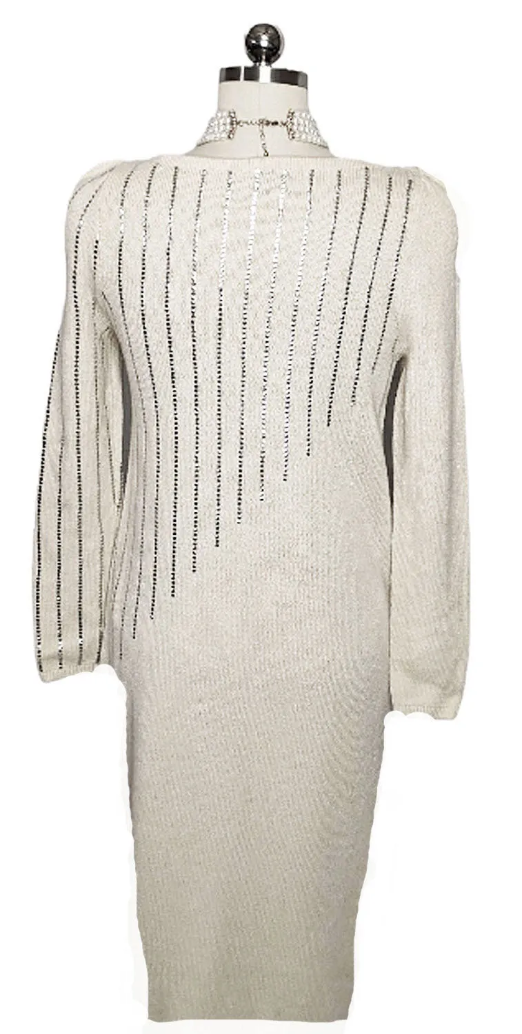 *  VINTAGE ST. JOHN FOR I MAGNIN CREAM EVENINGS DRESS WITH ROWS OF SPARKLING SILVER PAILLETTES