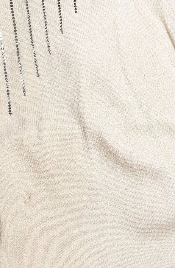 *  VINTAGE ST. JOHN FOR I MAGNIN CREAM EVENINGS DRESS WITH ROWS OF SPARKLING SILVER PAILLETTES