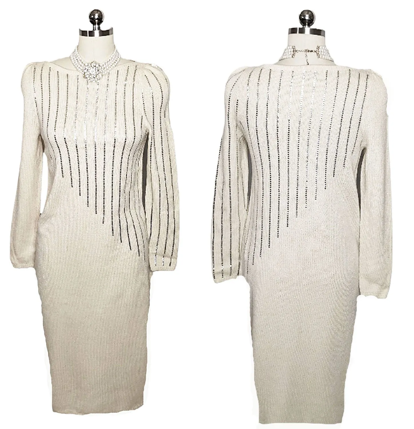 *  VINTAGE ST. JOHN FOR I MAGNIN CREAM EVENINGS DRESS WITH ROWS OF SPARKLING SILVER PAILLETTES