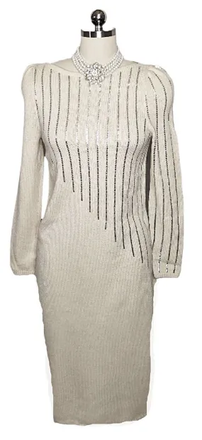 *  VINTAGE ST. JOHN FOR I MAGNIN CREAM EVENINGS DRESS WITH ROWS OF SPARKLING SILVER PAILLETTES