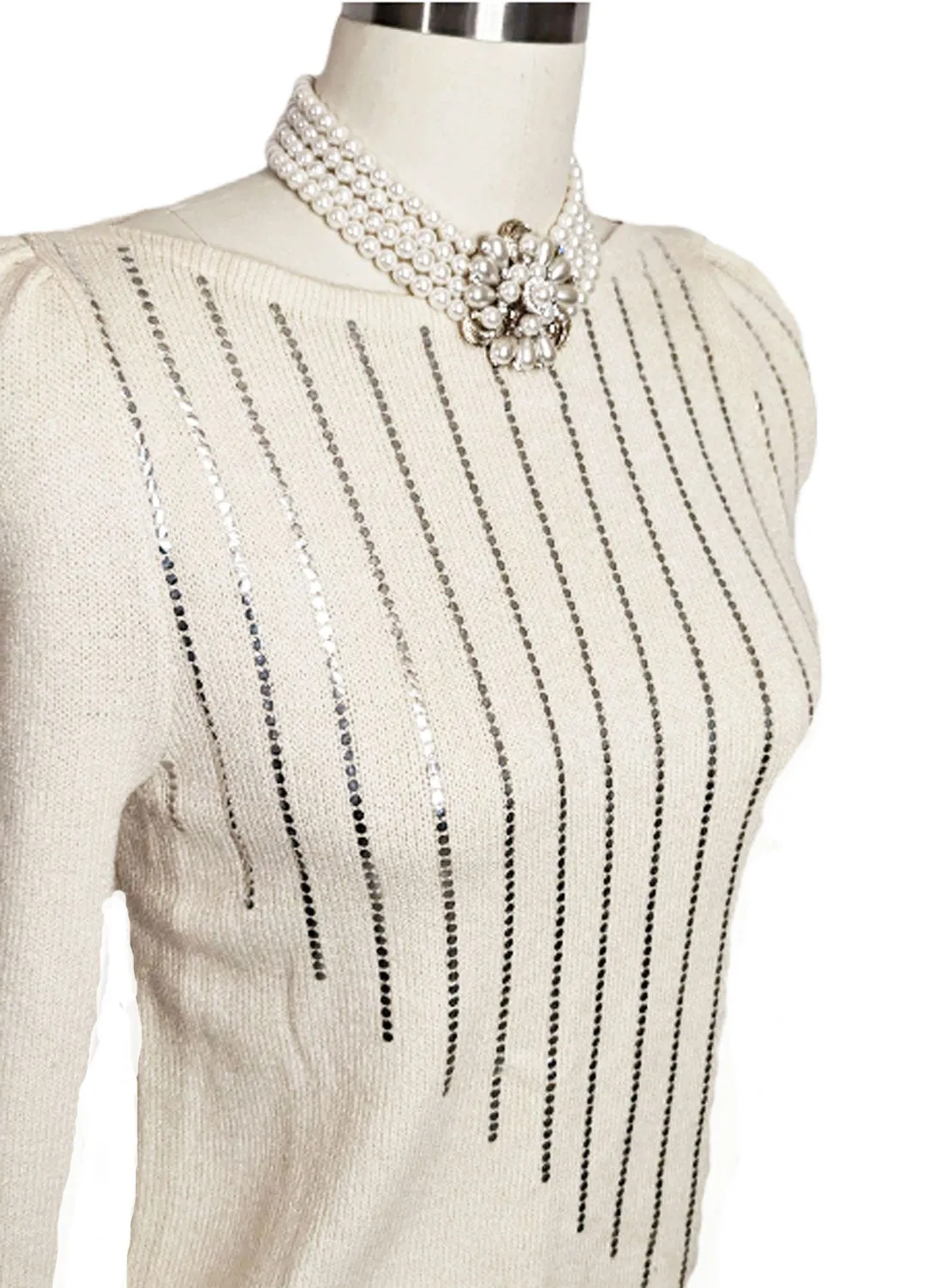 *  VINTAGE ST. JOHN FOR I MAGNIN CREAM EVENINGS DRESS WITH ROWS OF SPARKLING SILVER PAILLETTES