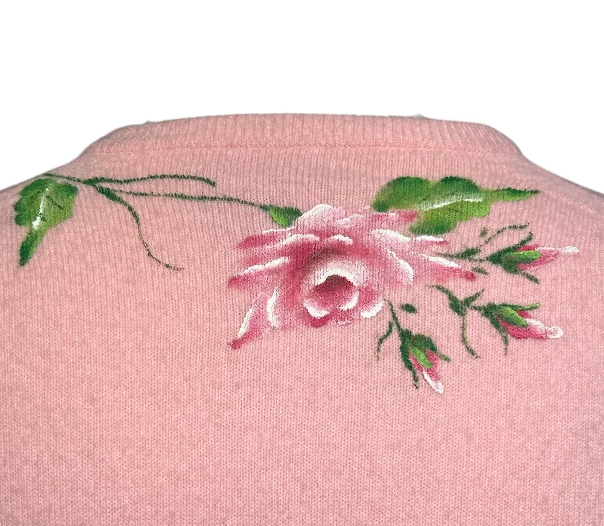 1950s Schiaparelli Pink Cashmere Hand Painted Floral Sweater