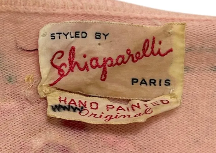 1950s Schiaparelli Pink Cashmere Hand Painted Floral Sweater