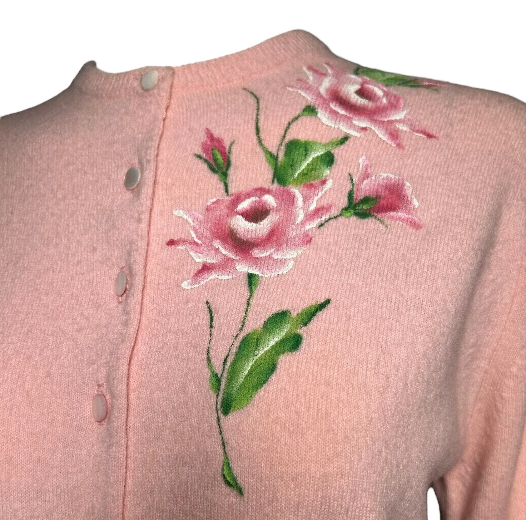 1950s Schiaparelli Pink Cashmere Hand Painted Floral Sweater