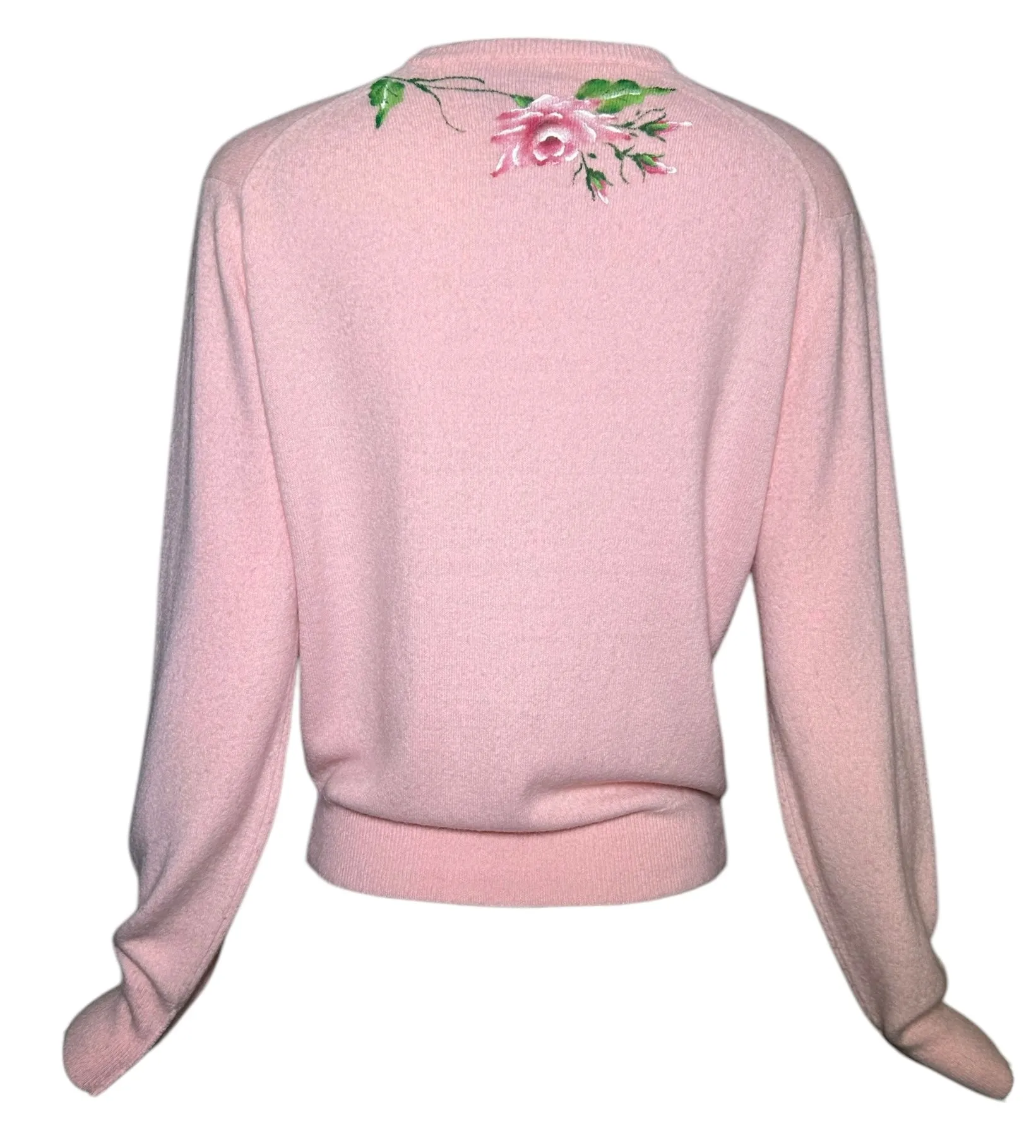 1950s Schiaparelli Pink Cashmere Hand Painted Floral Sweater