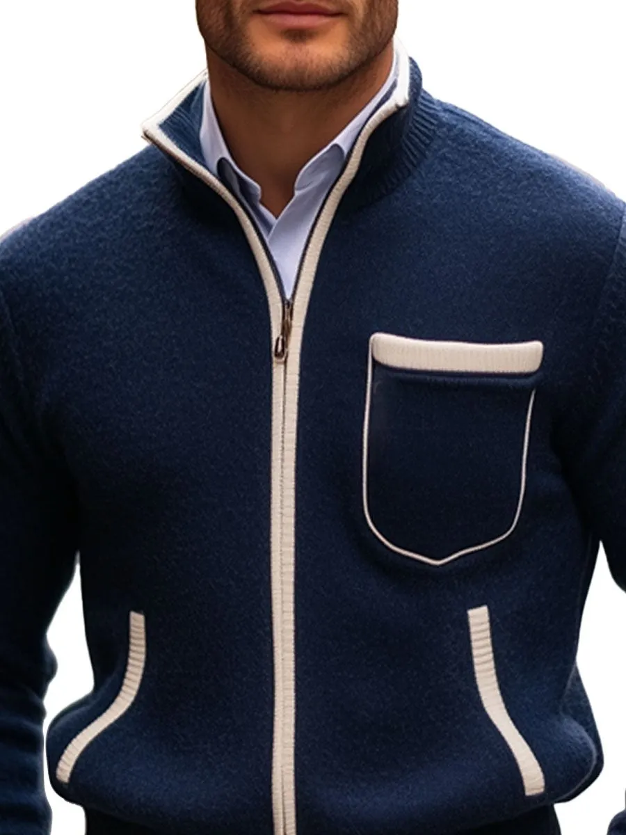 【24-hour shipping】Men's Stand Collar Contrast Zipper Pocket Knit Cardigan