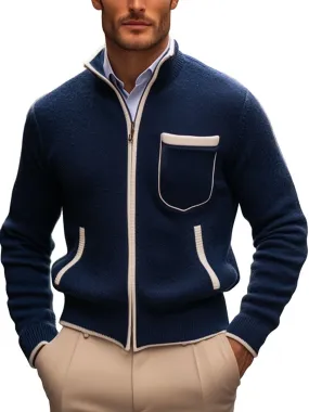 【24-hour shipping】Men's Stand Collar Contrast Zipper Pocket Knit Cardigan