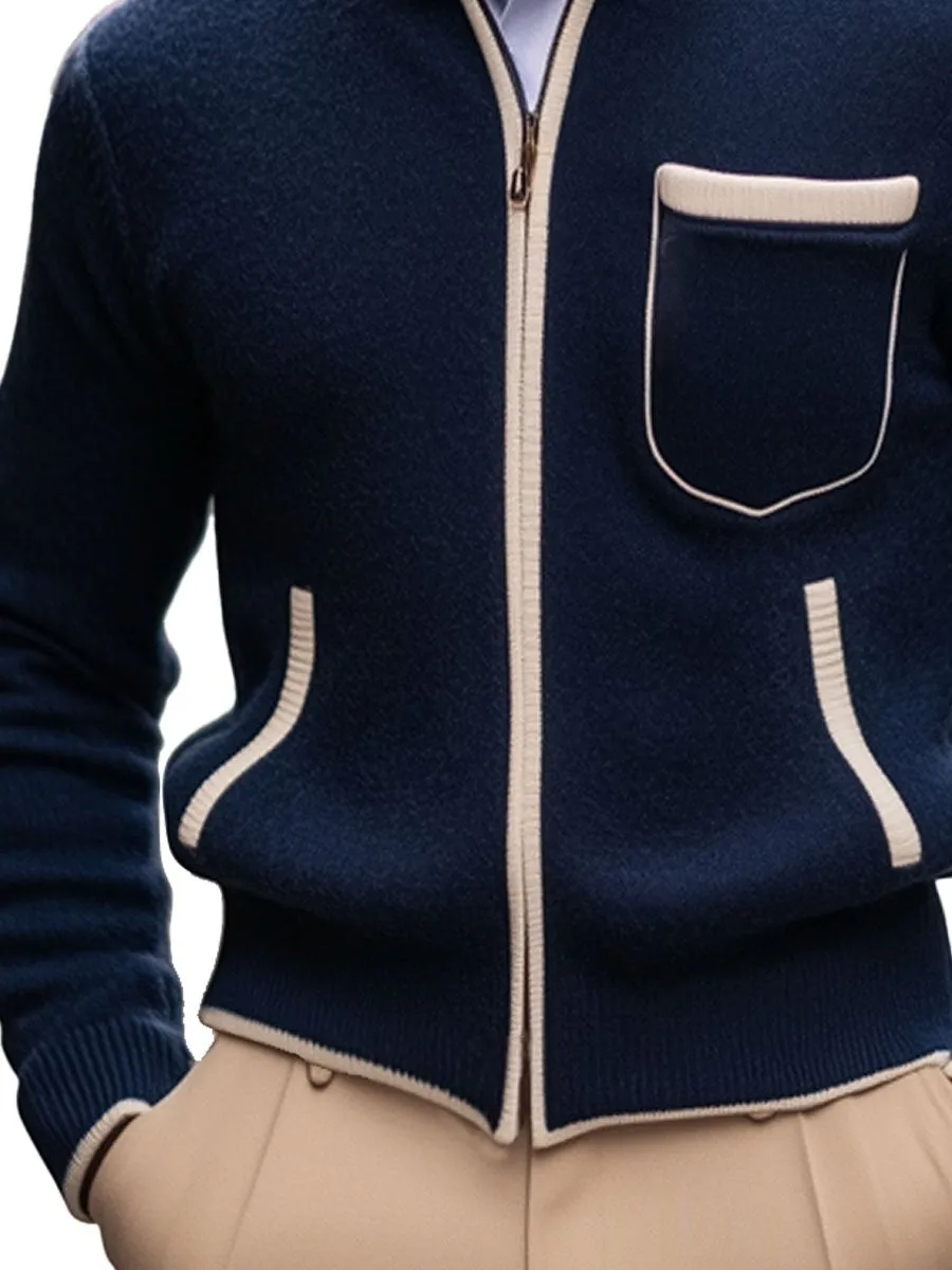 【24-hour shipping】Men's Stand Collar Contrast Zipper Pocket Knit Cardigan