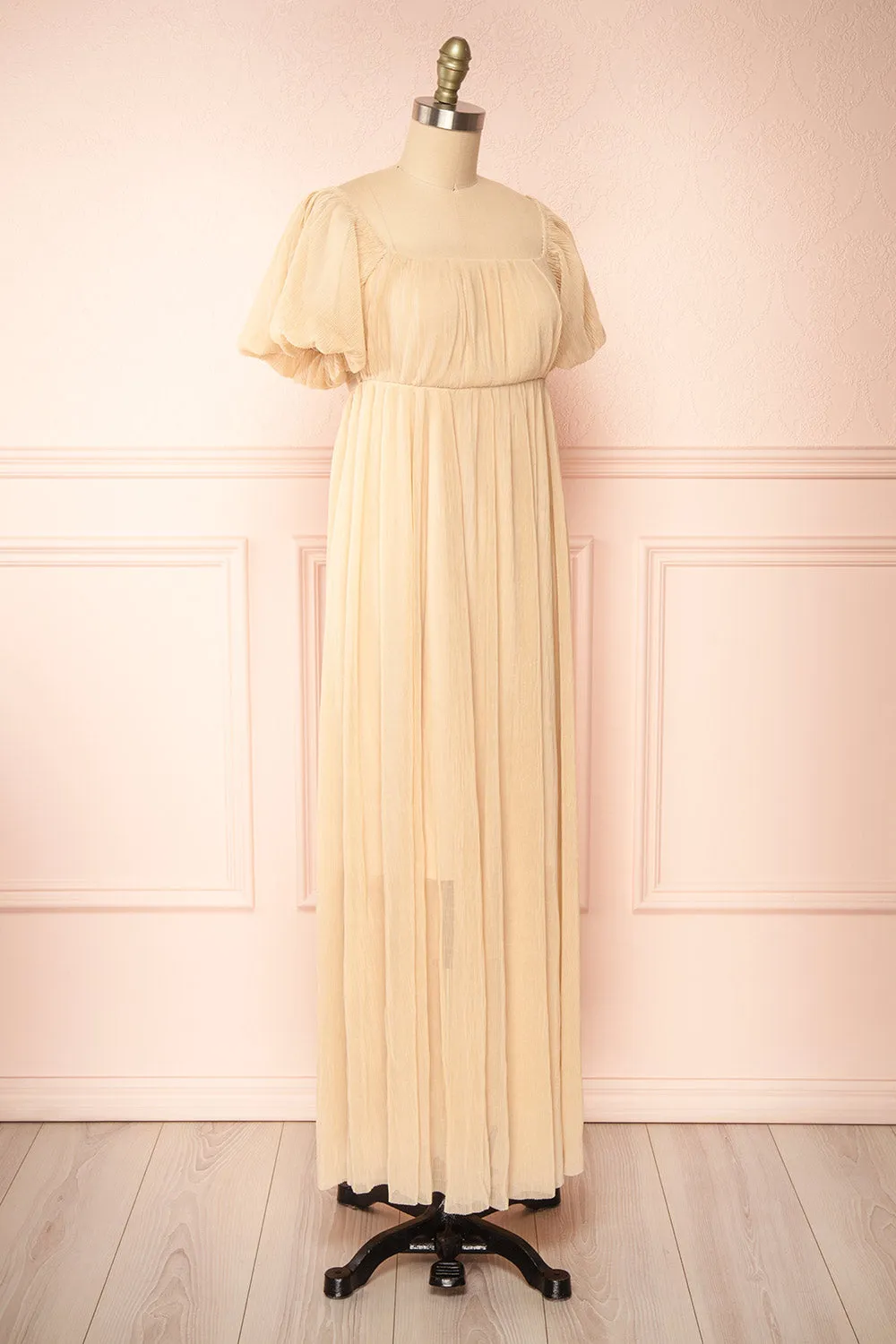 Araminta Beige | Pleated Beige Maxi Babydoll Dress