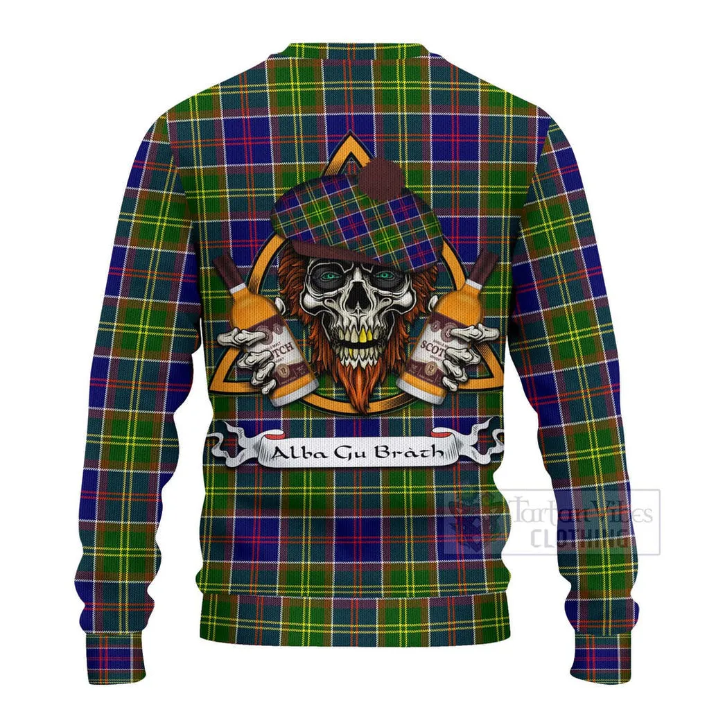 Arnott Tartan Ugly Sweater with Family Crest and Bearded Skull Holding Bottles of Whiskey
