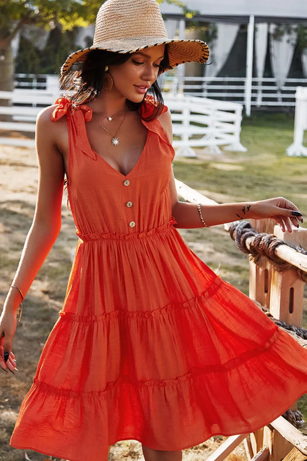 Babydoll Button V-Neck Dress