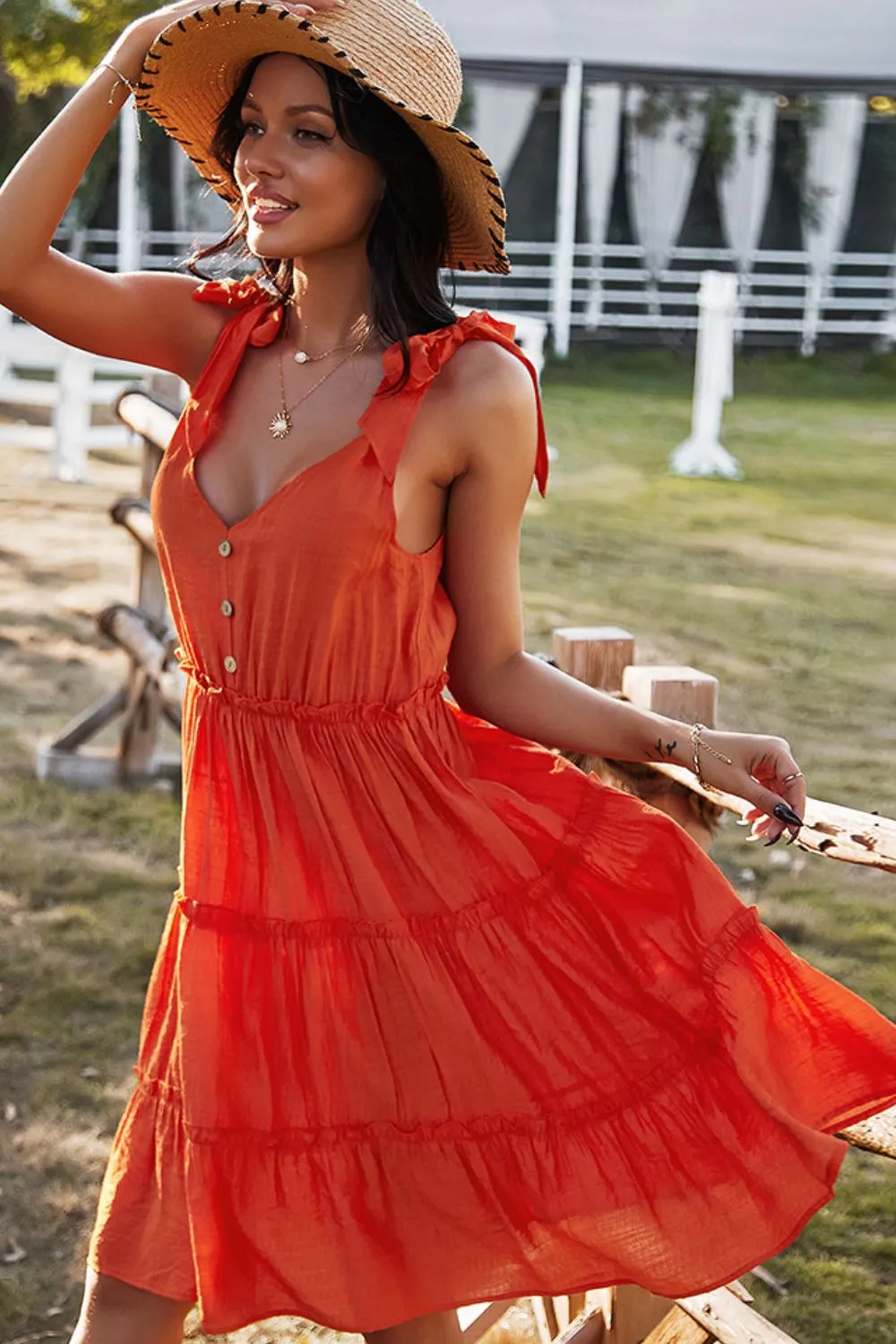 Babydoll Button V-Neck Dress
