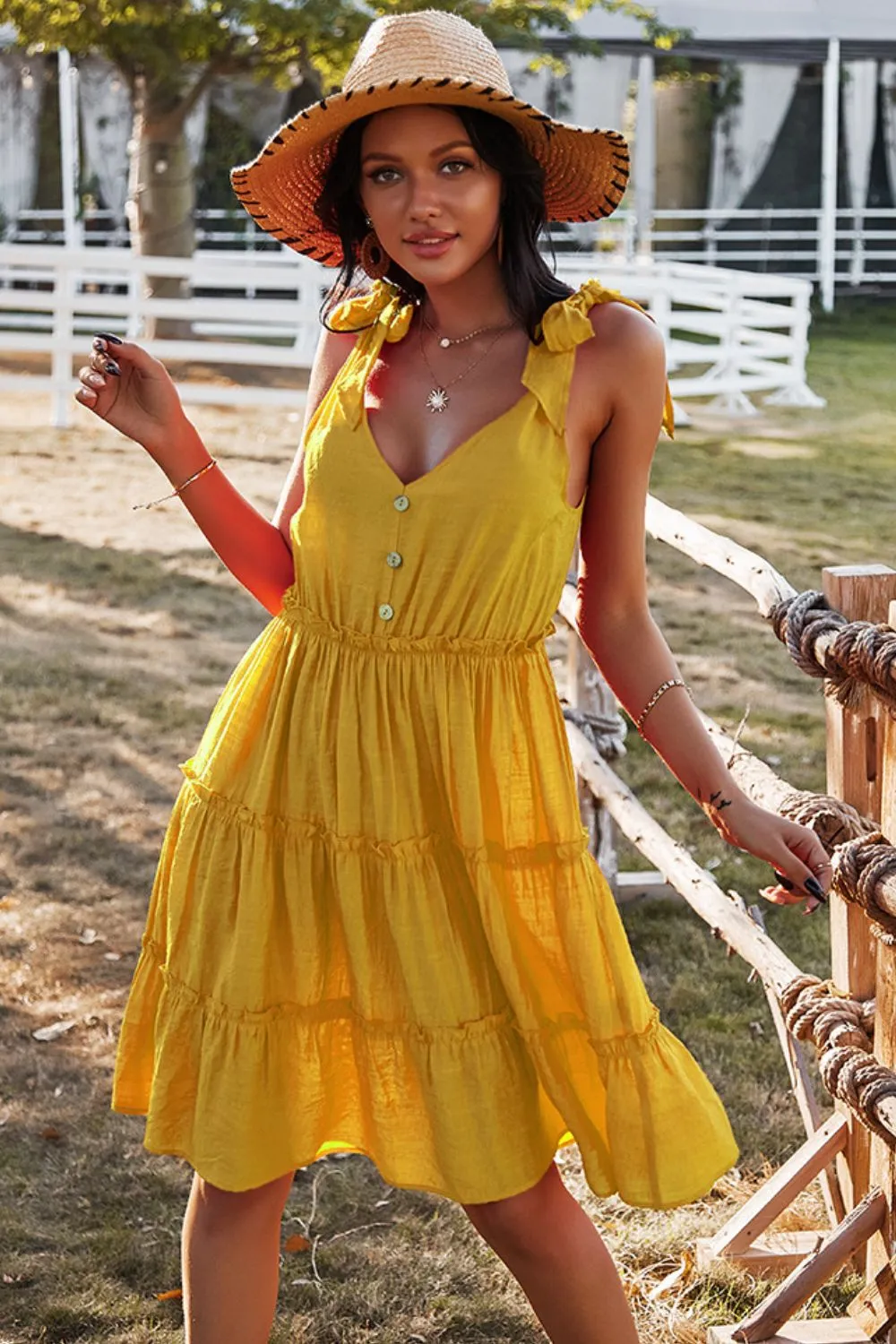 Babydoll Button V-Neck Dress