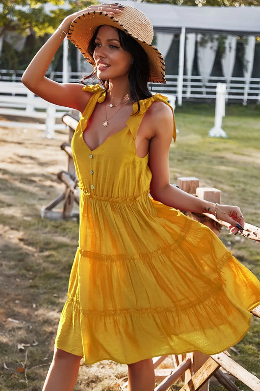 Babydoll Button V-Neck Dress