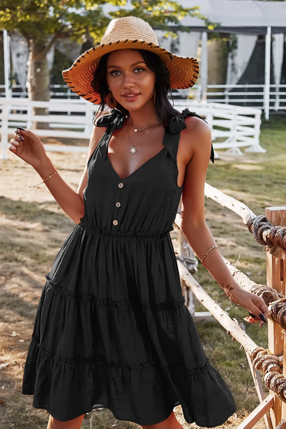 Babydoll Button V-Neck Dress