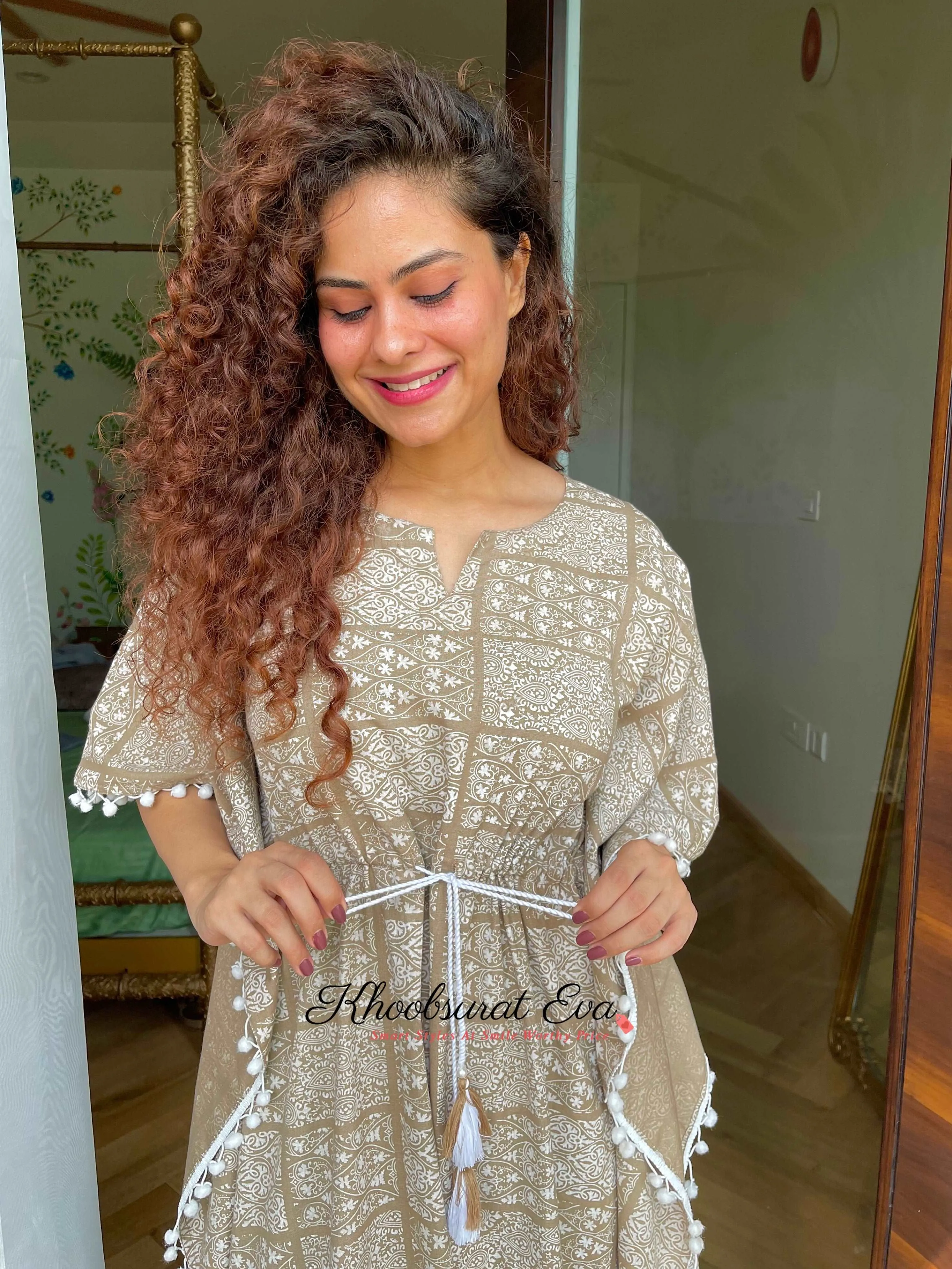 Beige And White Tassel Printed Cotton Kaftan