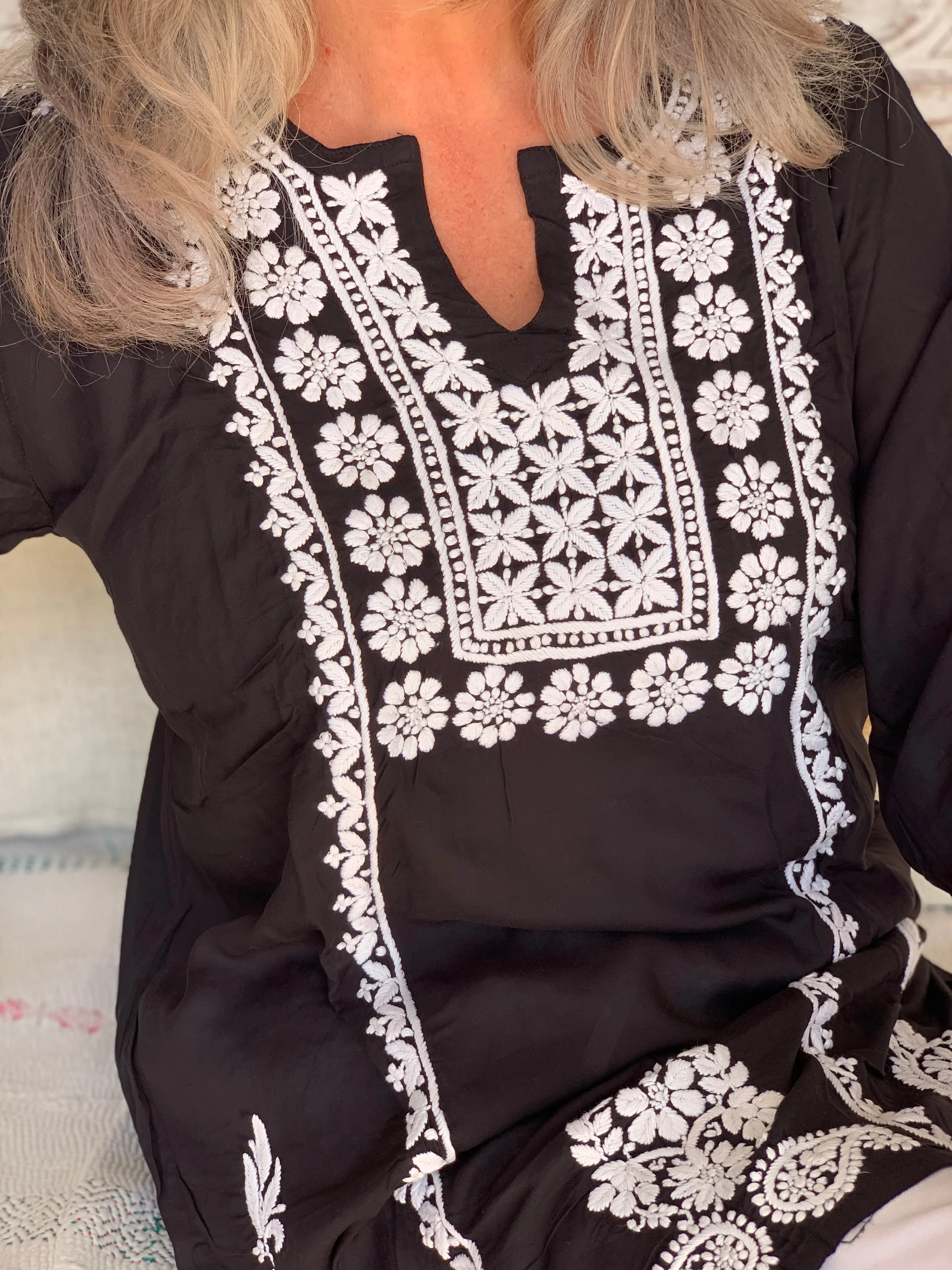 Black & white  ibiza  classic  bohemian tunica with hand embroidery