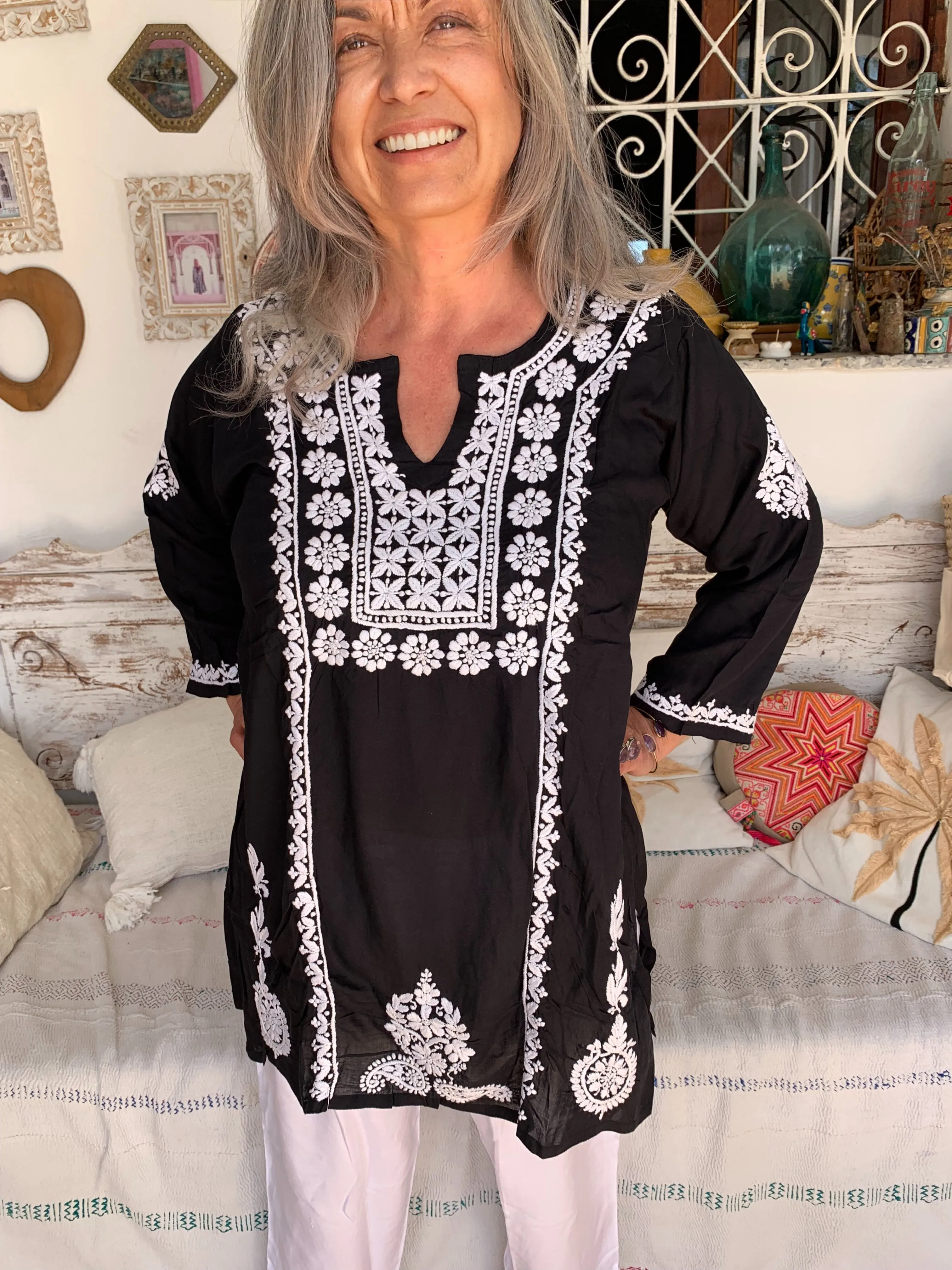 Black & white  ibiza  classic  bohemian tunica with hand embroidery