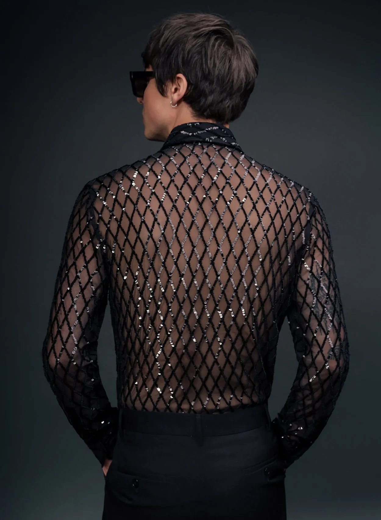 Black Diamond Sequin Embellished Lace Shirt