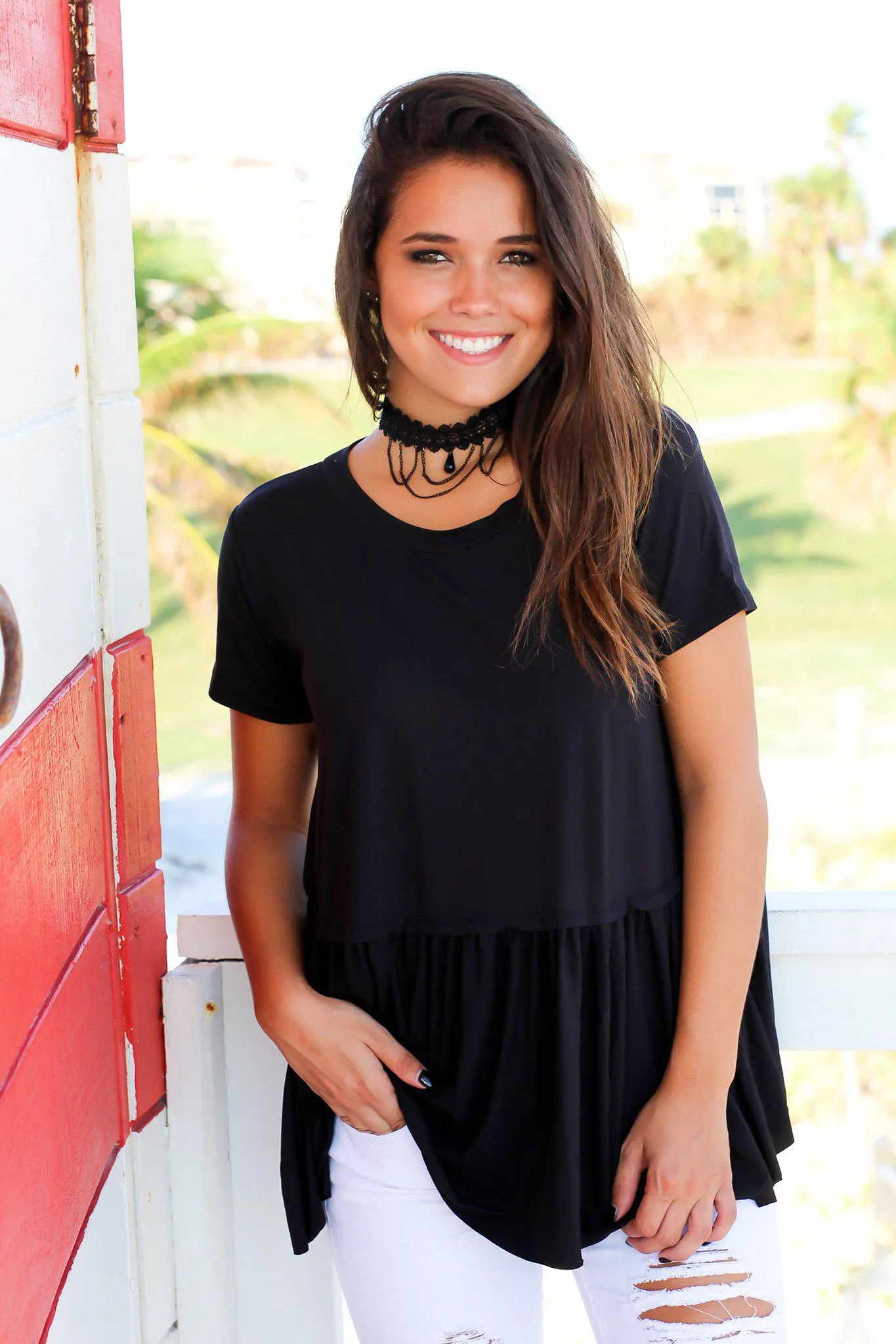 Black Short Sleeve Babydoll Top