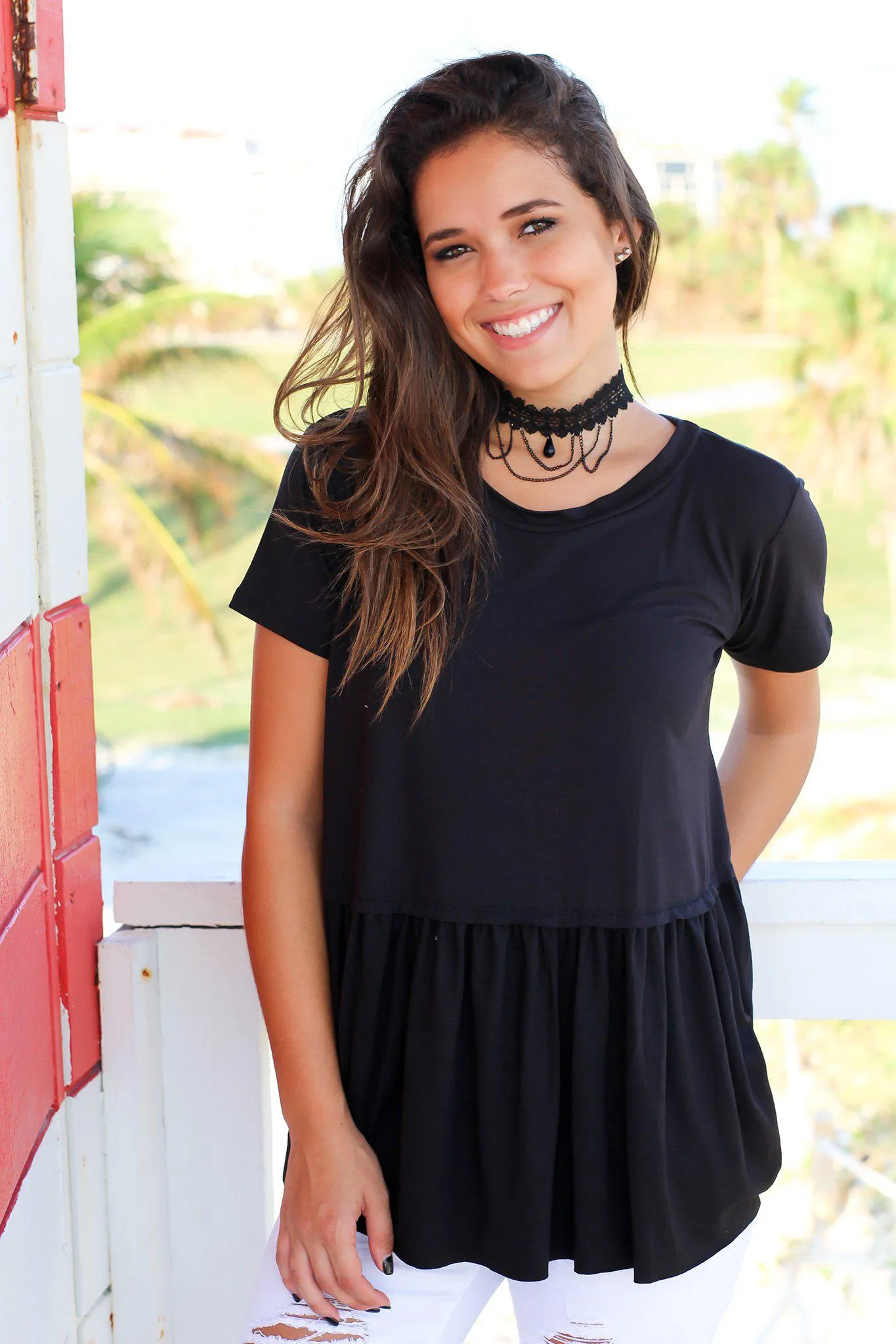 Black Short Sleeve Babydoll Top