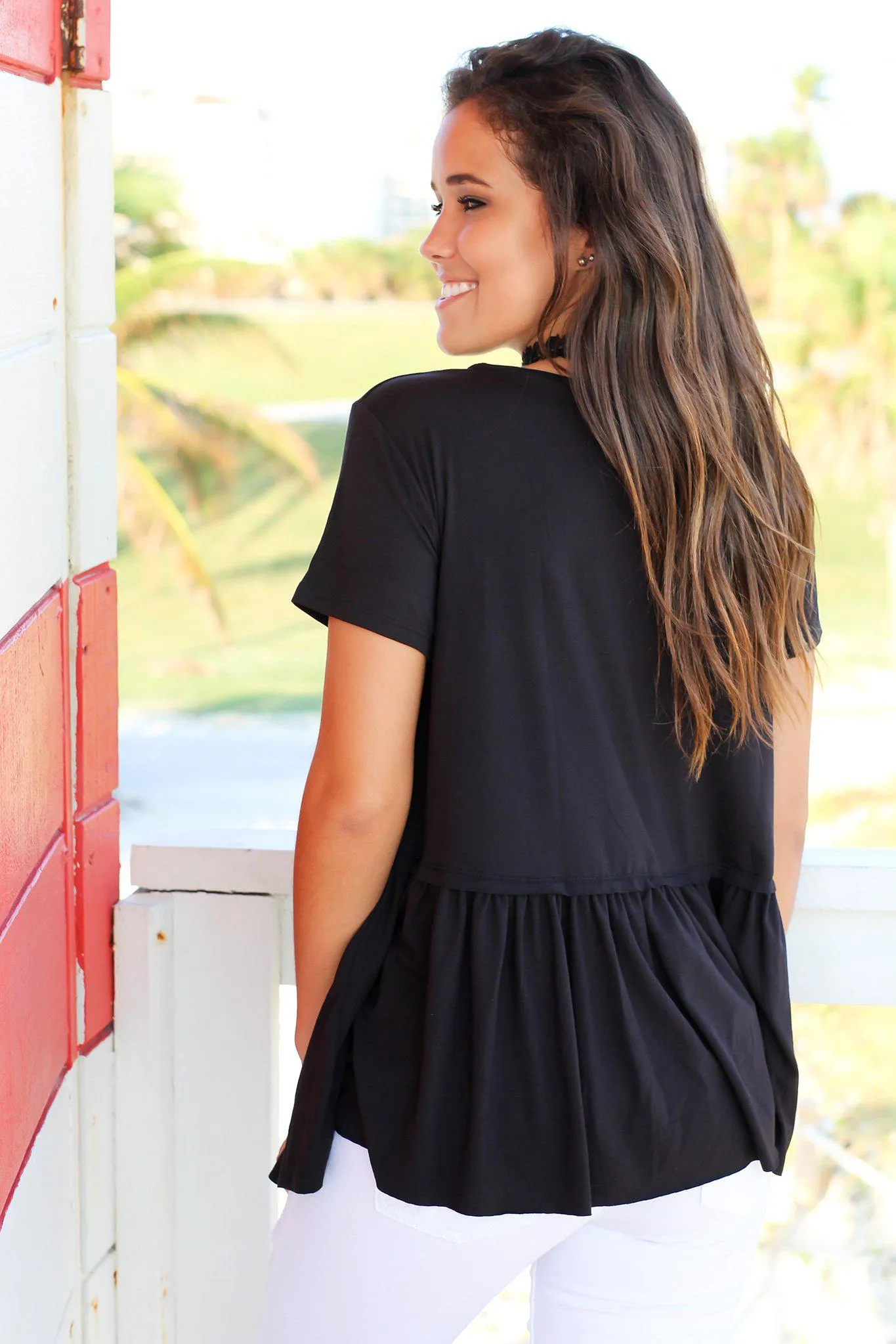 Black Short Sleeve Babydoll Top