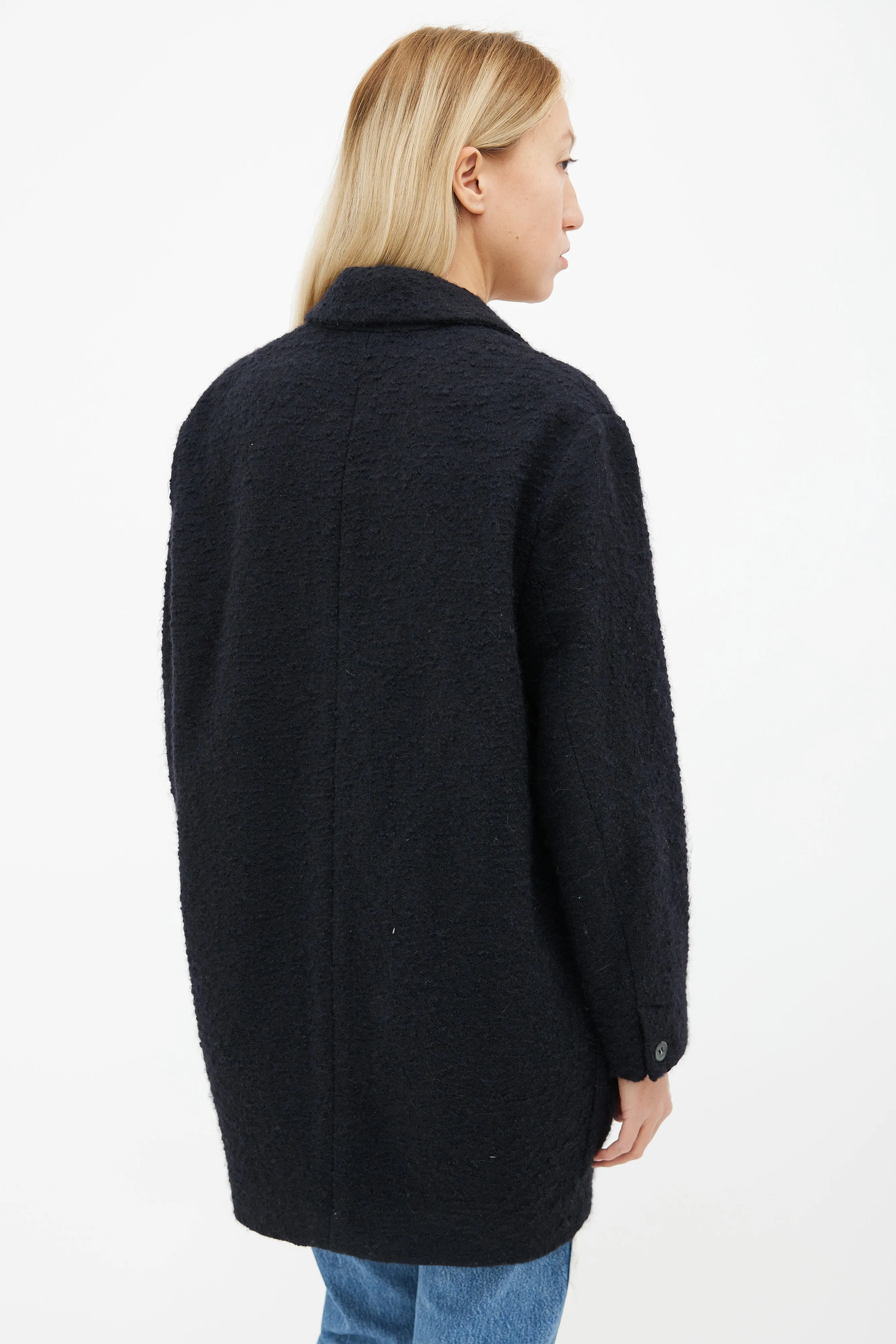 Black Textured Wool Long Coat