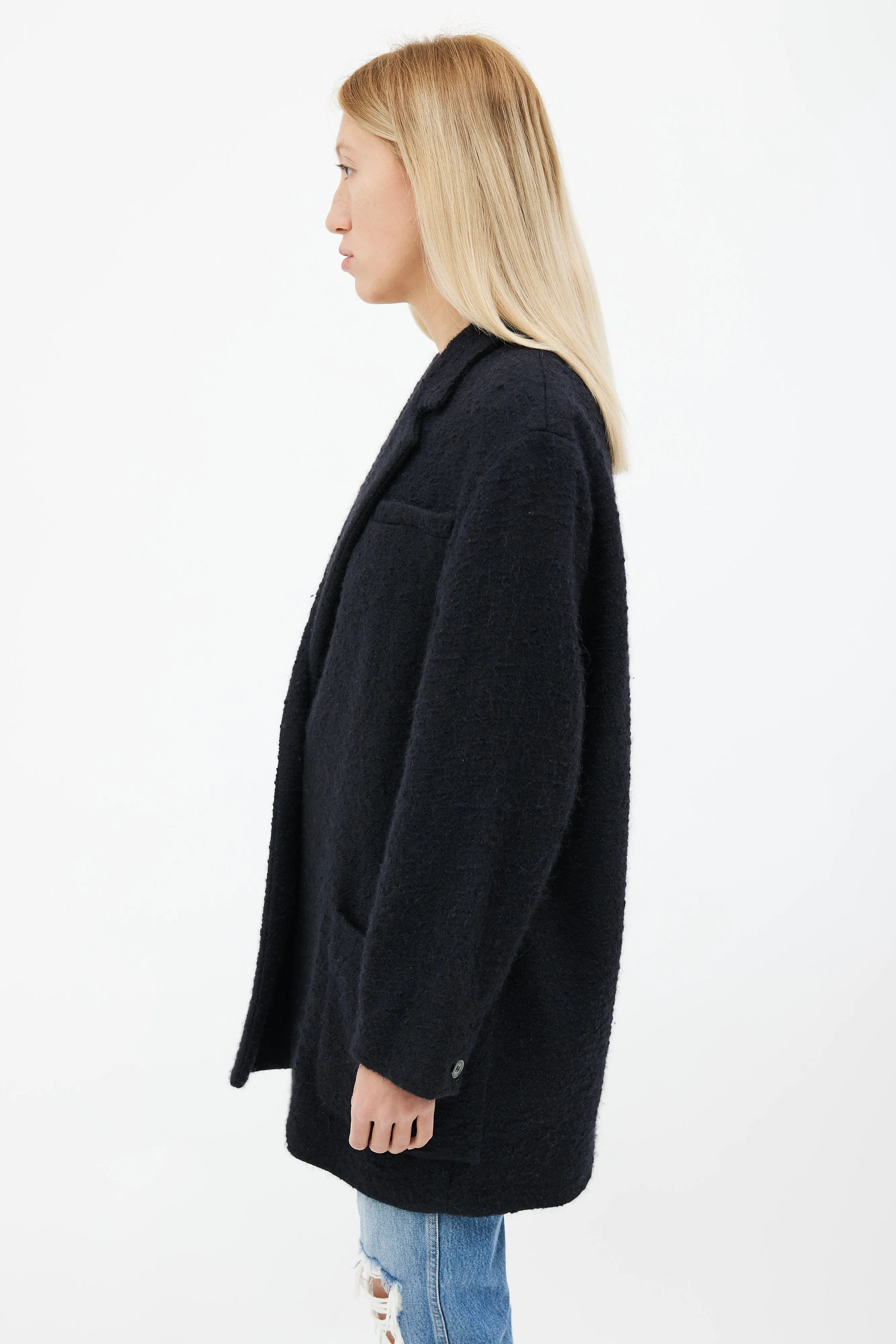 Black Textured Wool Long Coat
