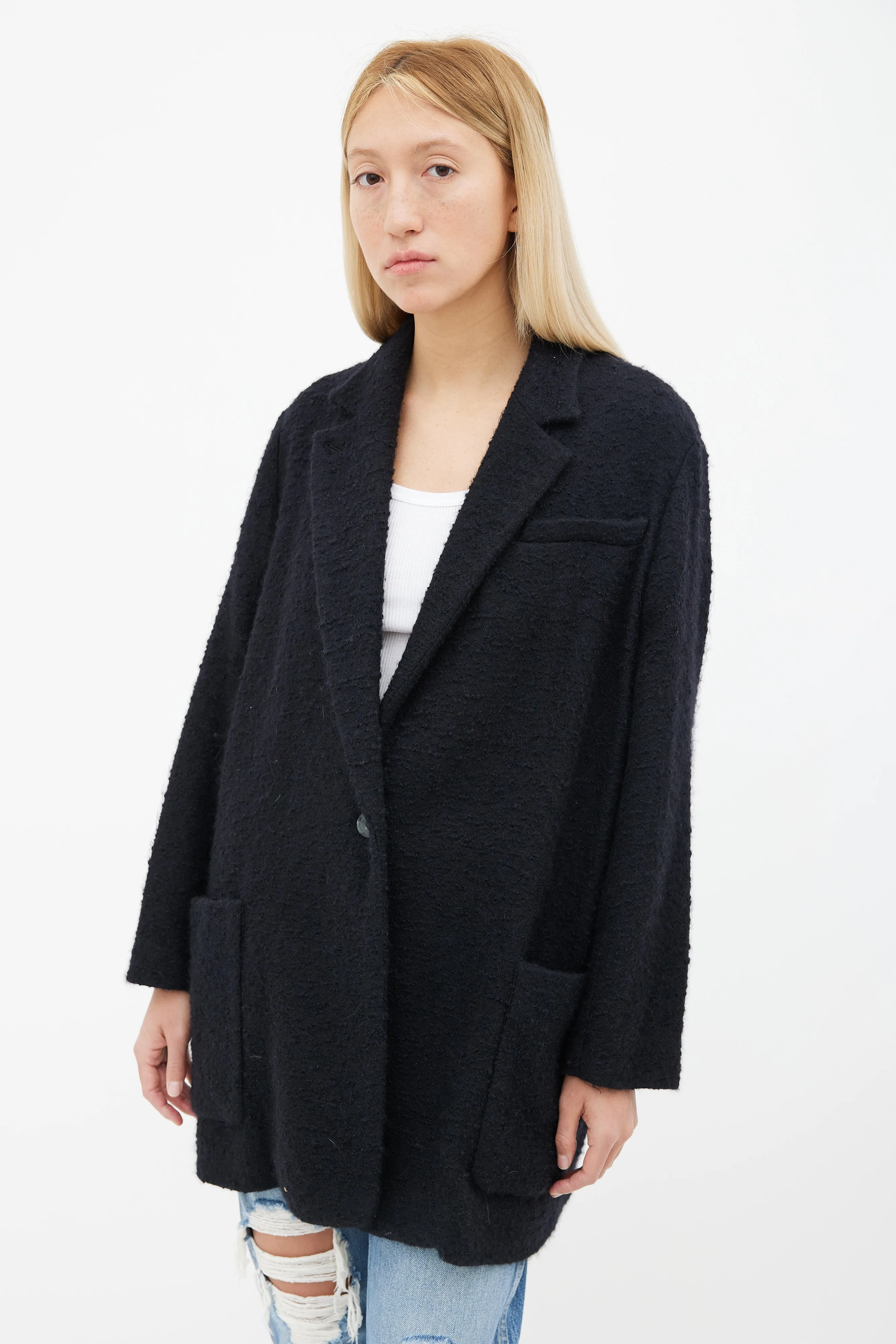 Black Textured Wool Long Coat