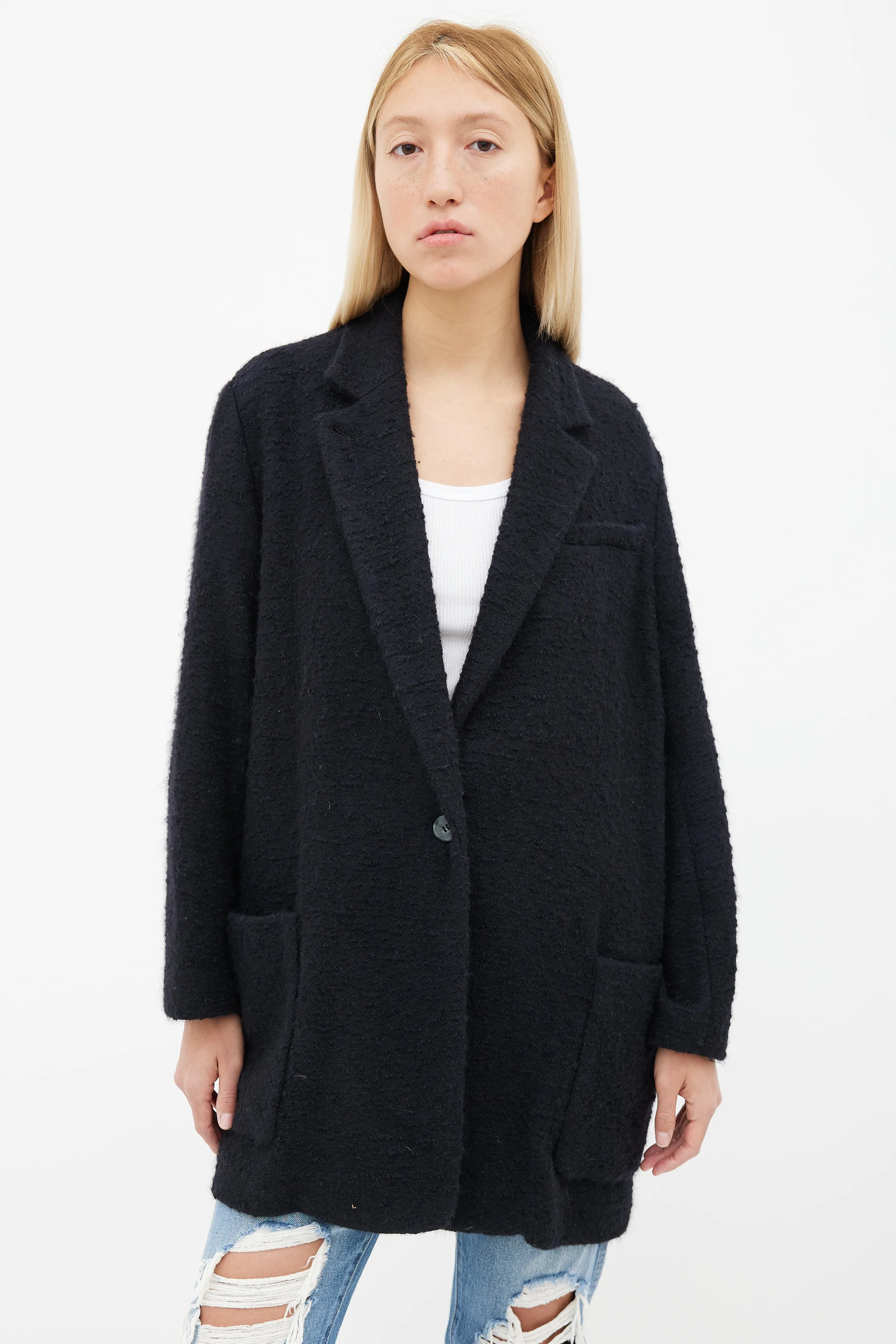 Black Textured Wool Long Coat