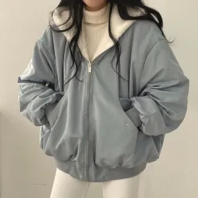 Bonnyshow 2000s fashion Fleece-lined Thickened Double-Sided Lamb Wool Cotton-Padded Coat Women's Coat Winter New Loose Hooded Cotton-Padded Coat Top