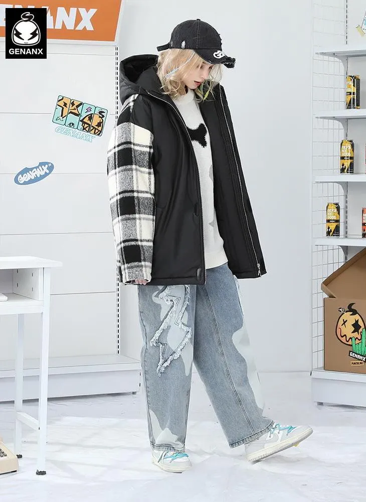 Color Block Checkerboard Hooded Padded Coat