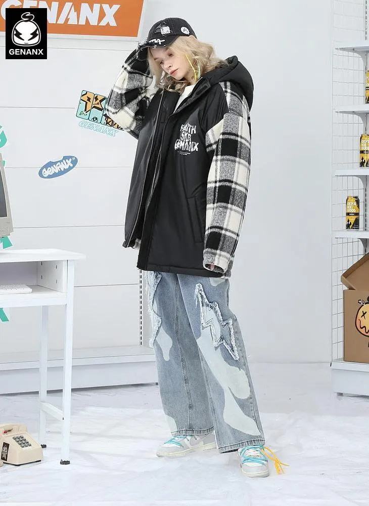 Color Block Checkerboard Hooded Padded Coat