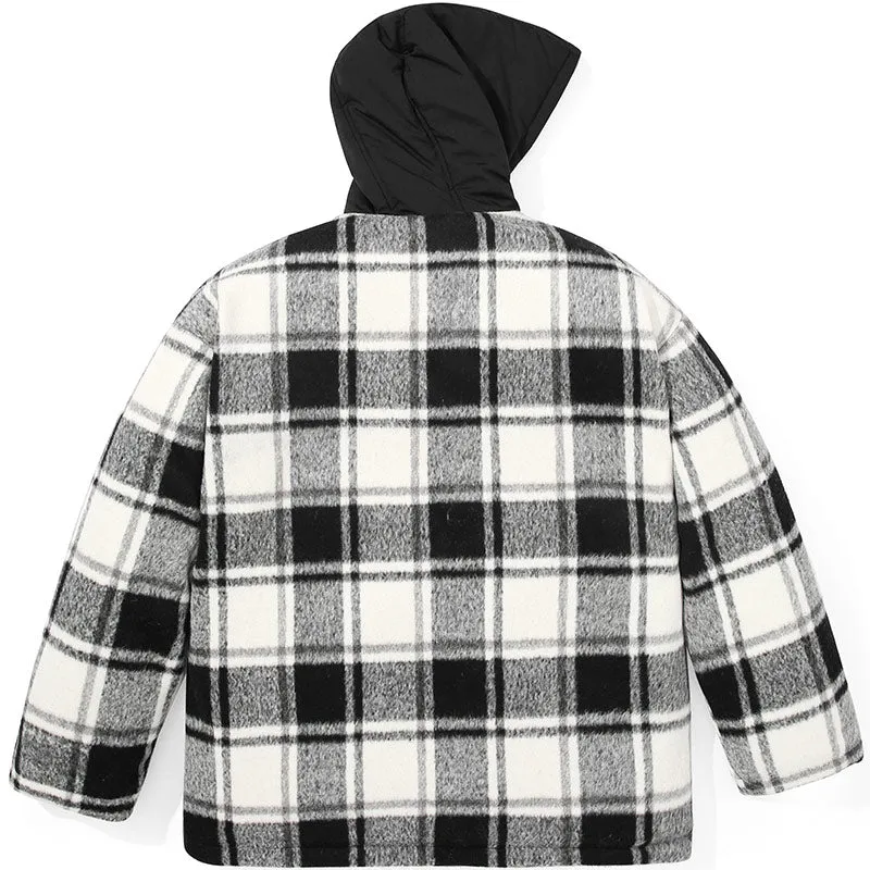 Color Block Checkerboard Hooded Padded Coat
