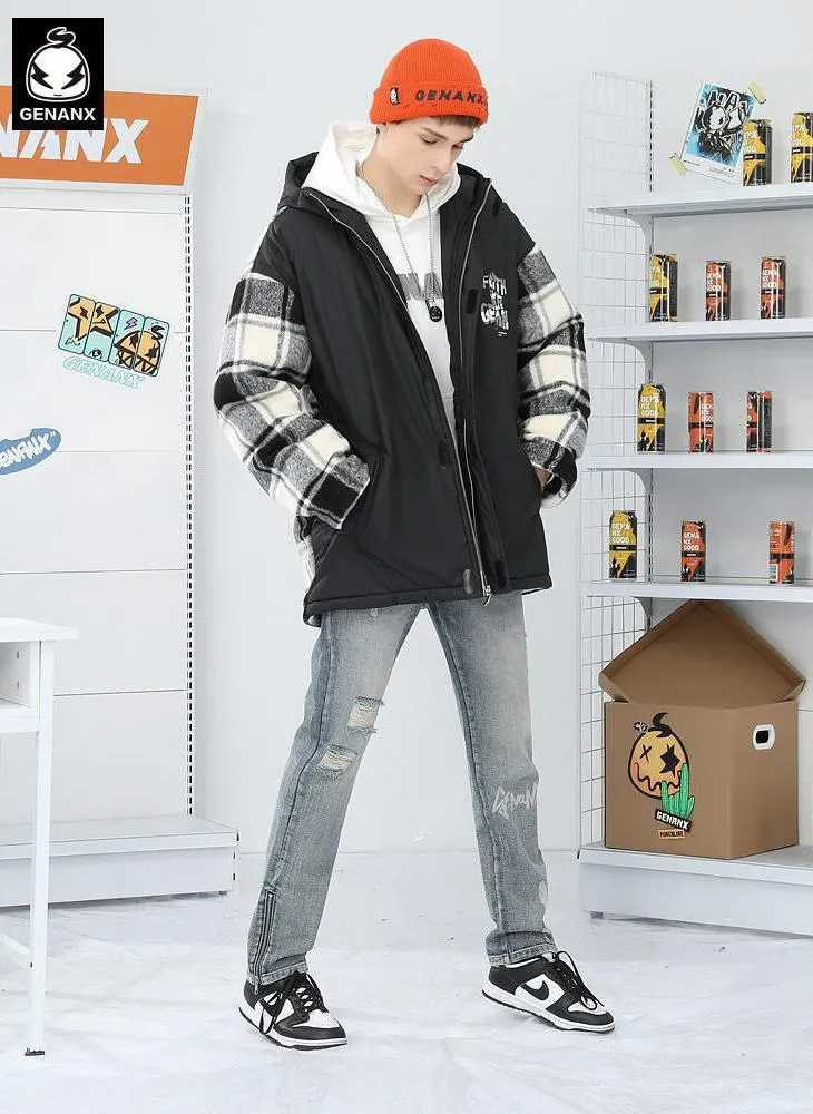 Color Block Checkerboard Hooded Padded Coat