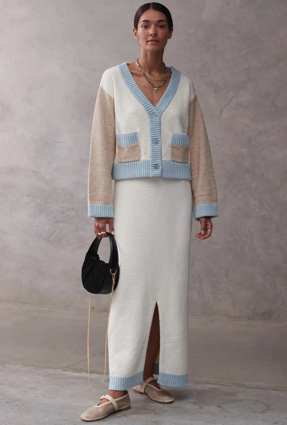Color Block Knit Cardigan - Ecru