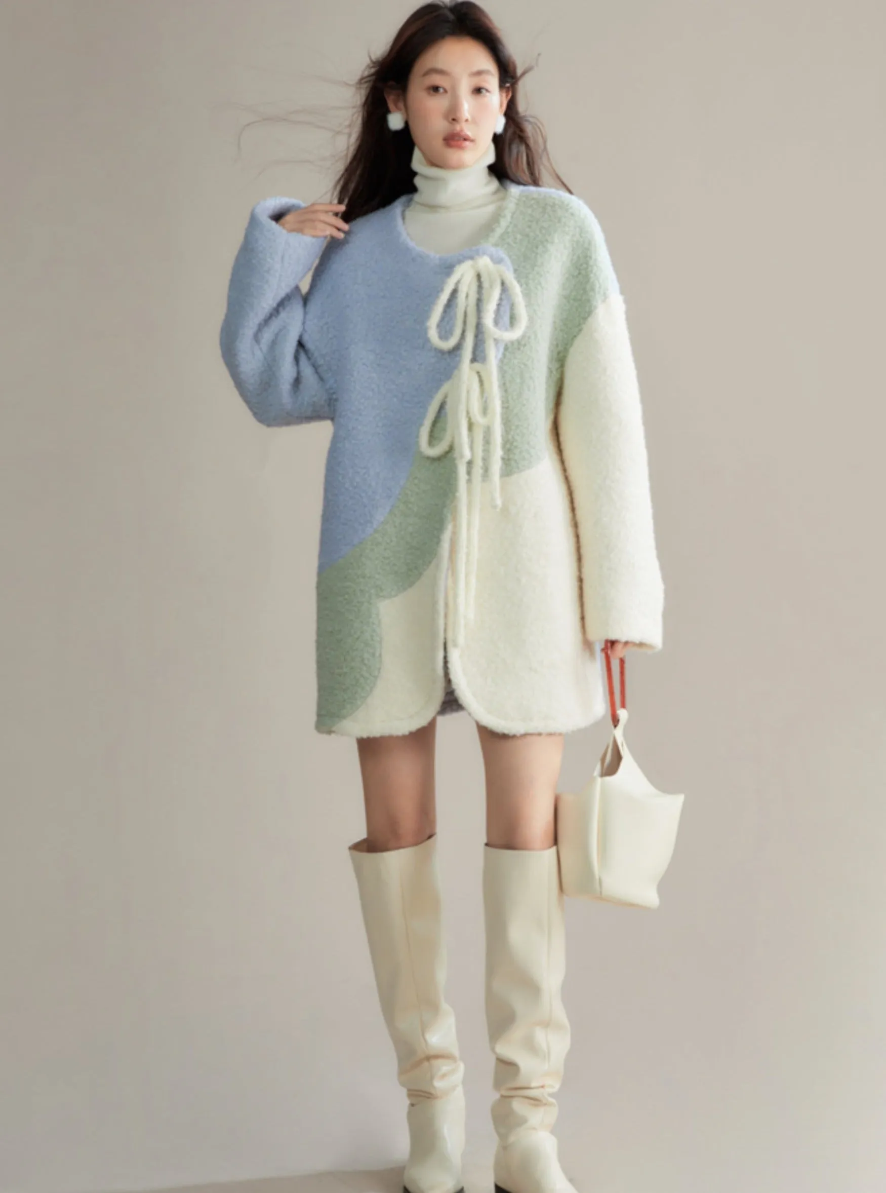 Contrast peony wool tweed lace-up coat