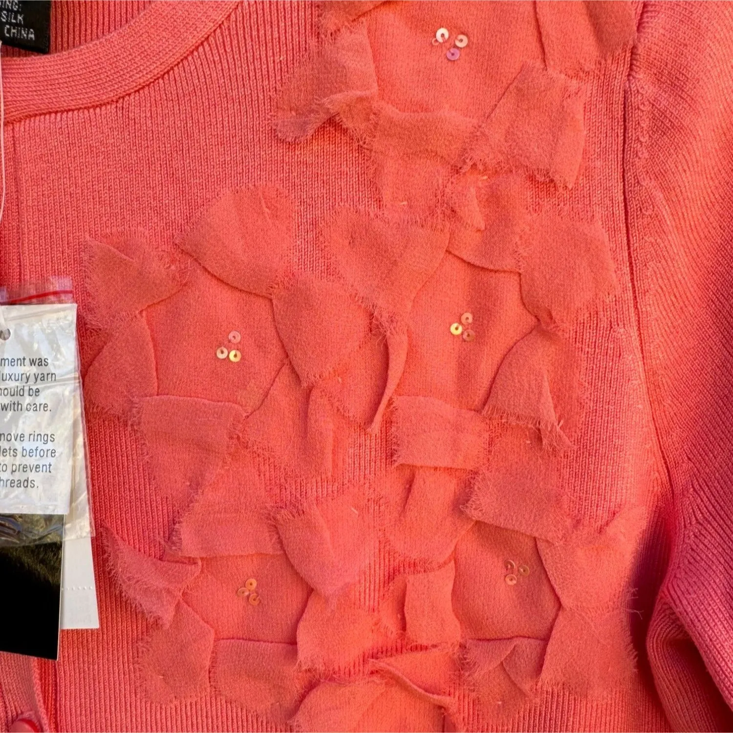 Evie Women's Button Front Floral Detail Silk Blend Knit Cardigan Sweater Med NWT