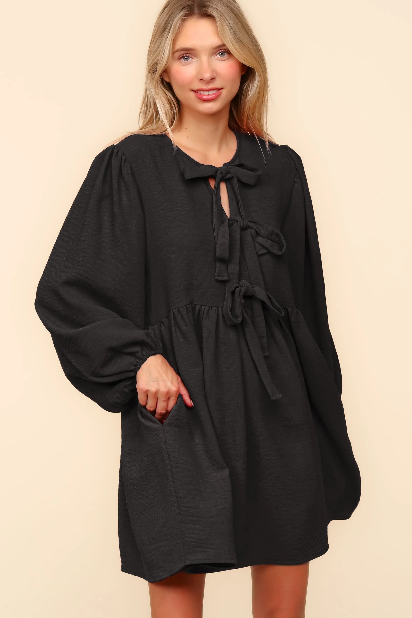 Front Ribbon Tie Long Sleeve Babydoll Dress - Black