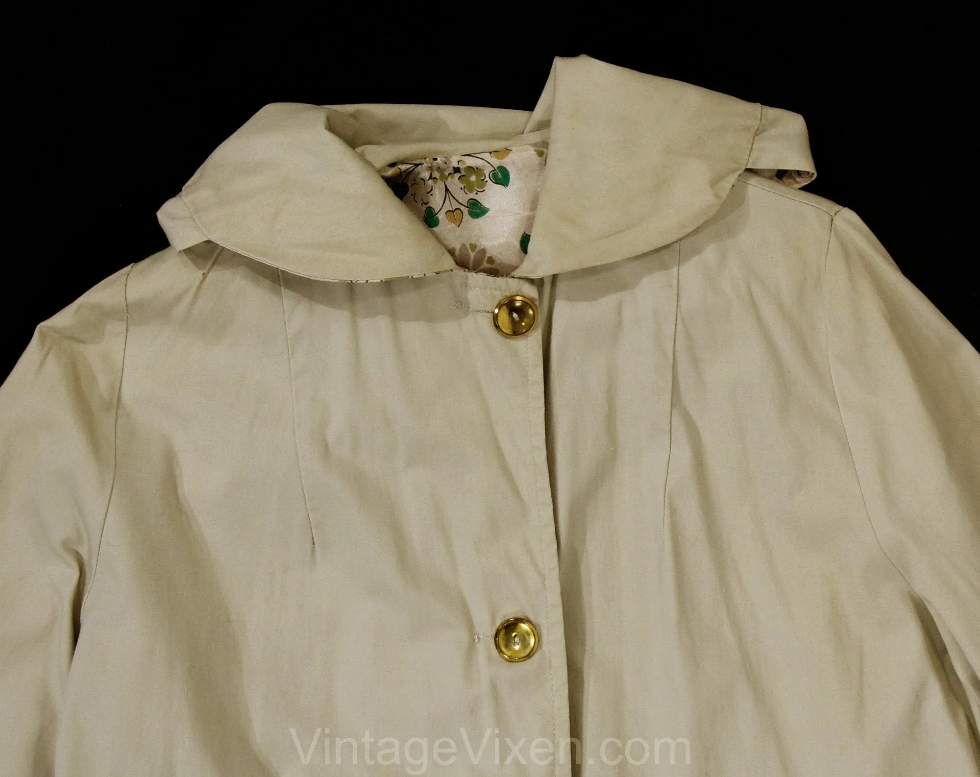 Girl's 1960s Raincoat - Reversible Child's Coat with Hood - 60s Preppy Khaki Tan Cotton & Medallion Print - Spring Rain Duster - Chest 39