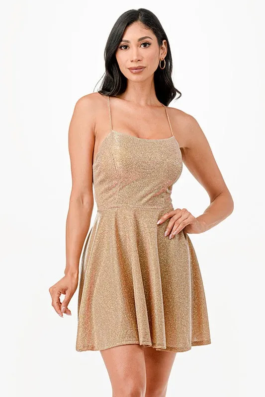 Glittered fit and flare dress with back crisscross spaghetti