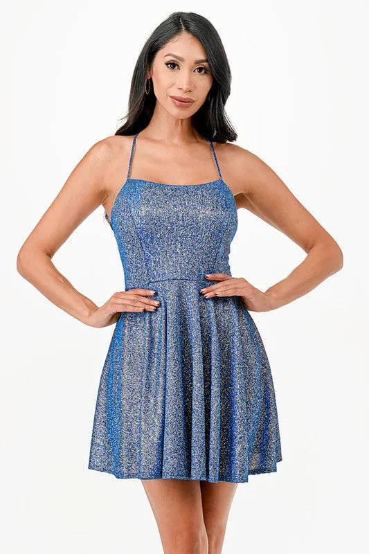Glittered fit and flare dress with back crisscross spaghetti