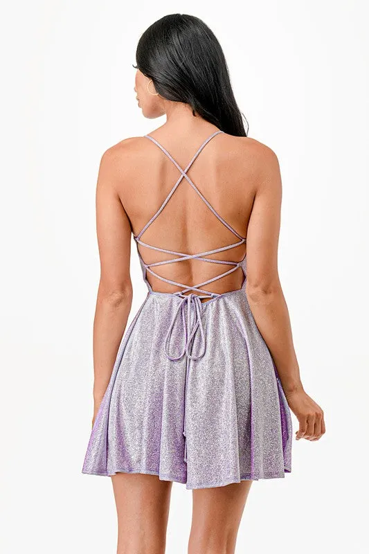 Glittered fit and flare dress with back crisscross spaghetti