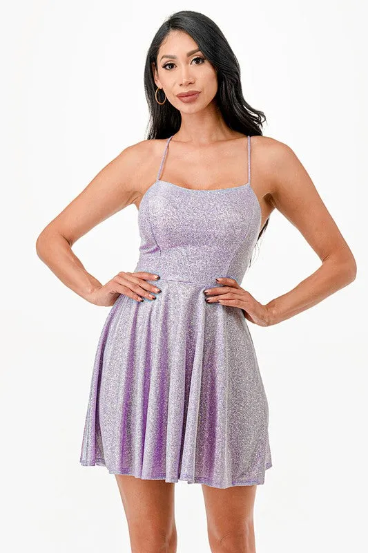 Glittered fit and flare dress with back crisscross spaghetti