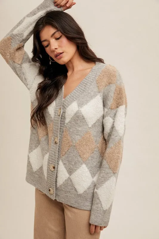 Grey Diamond Pattern Button Down Sweater Cardigan