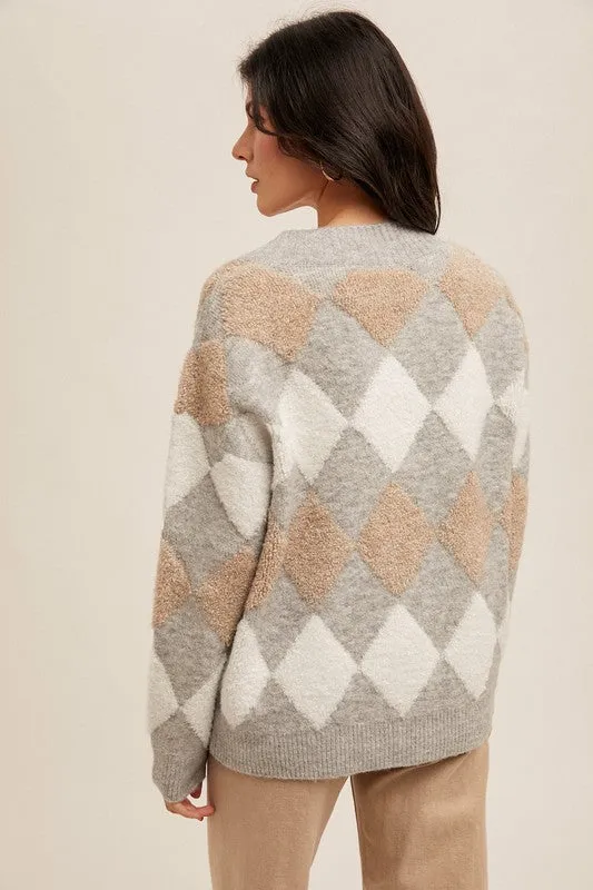 Grey Diamond Pattern Button Down Sweater Cardigan