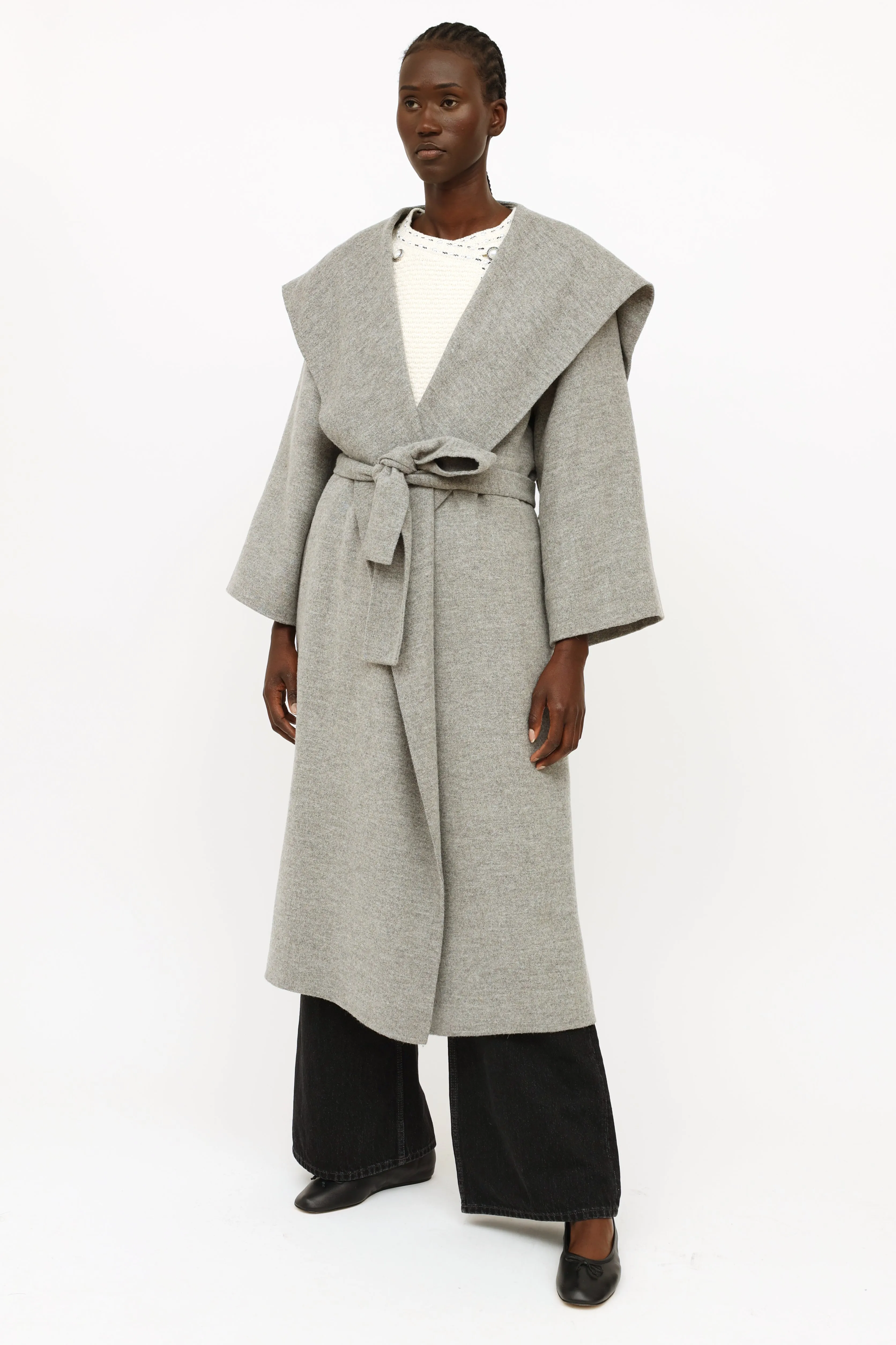 Grey Wool Blend Robe Coat