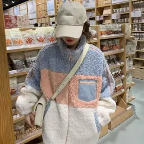 Joskaa 2024 Autumn And Winter Women Contrast Color Stitching Lamb Wool Coat Ladies Fashion Loose Warm Wild Padded Stand Neck Jacket