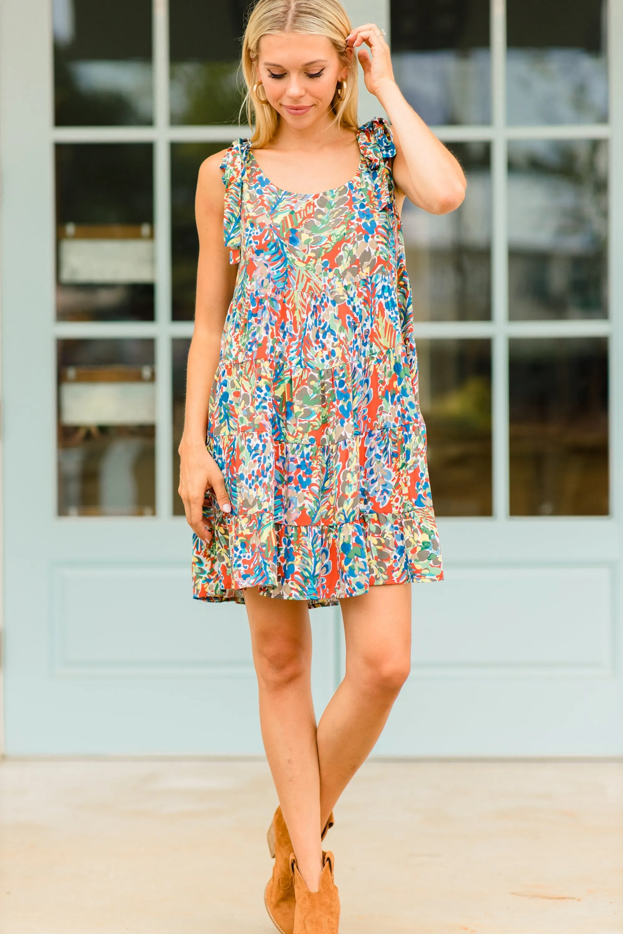 Just You Wait Rust Orange Shoulder Tie Dress